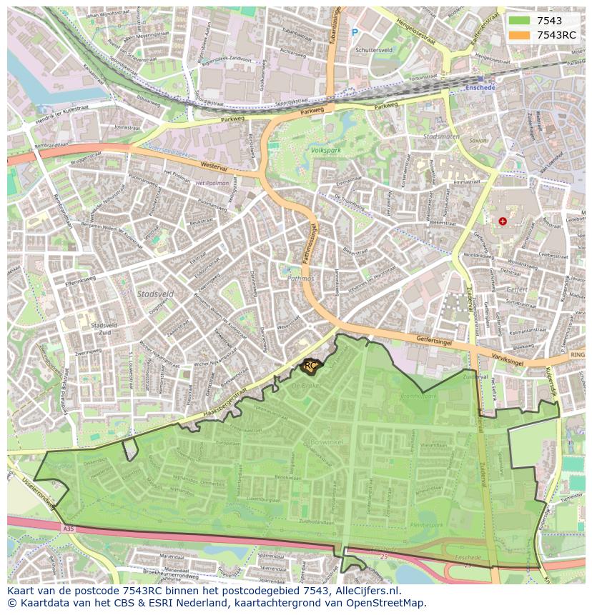 Afbeelding van het postcodegebied 7543 RC op de kaart.
