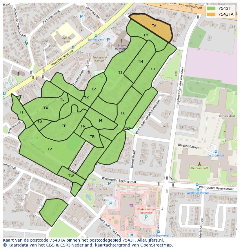 Afbeelding van het postcodegebied 7543 TA op de kaart.