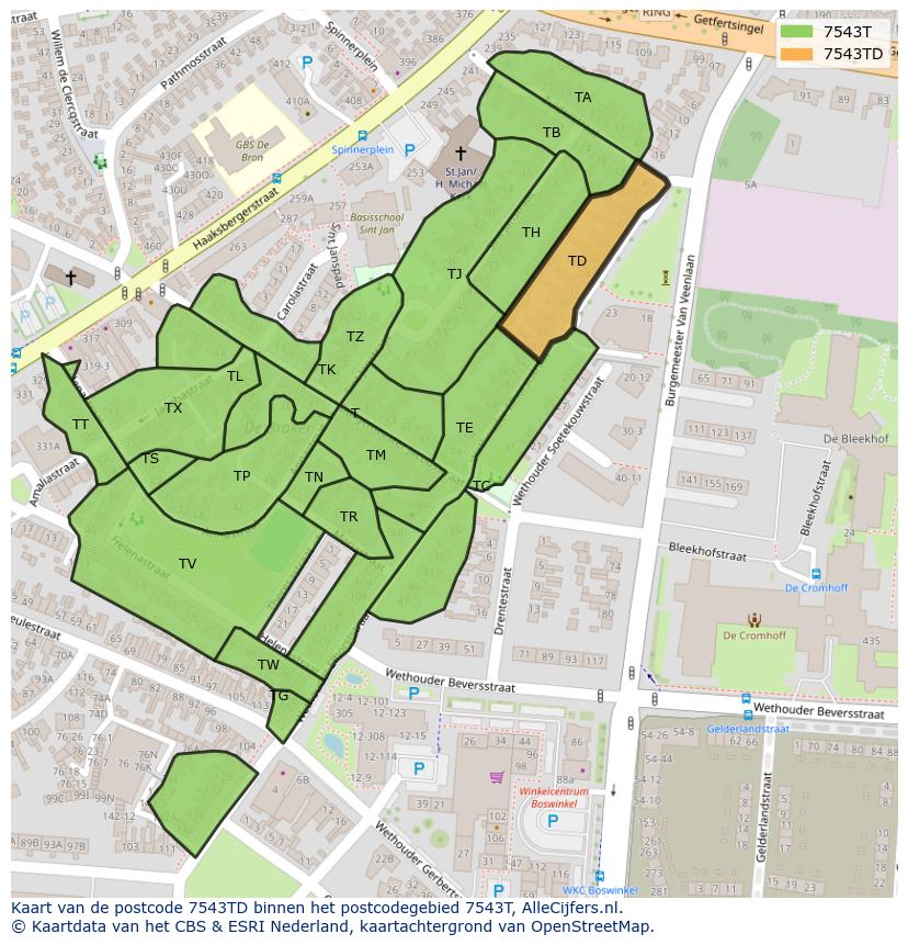 Afbeelding van het postcodegebied 7543 TD op de kaart.
