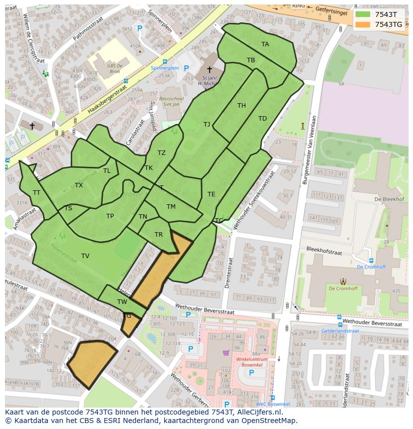 Afbeelding van het postcodegebied 7543 TG op de kaart.