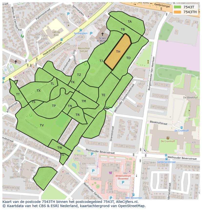 Afbeelding van het postcodegebied 7543 TH op de kaart.