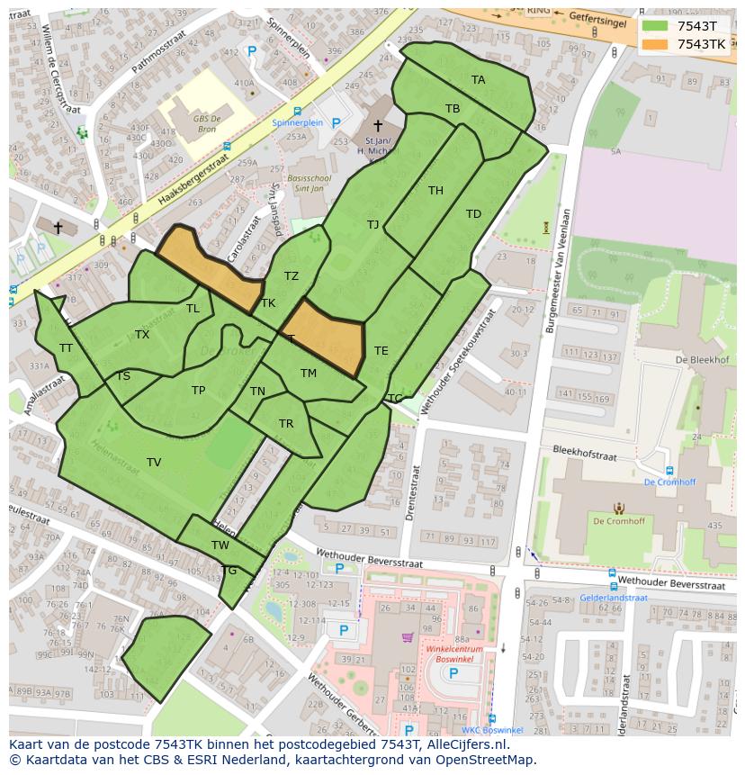 Afbeelding van het postcodegebied 7543 TK op de kaart.