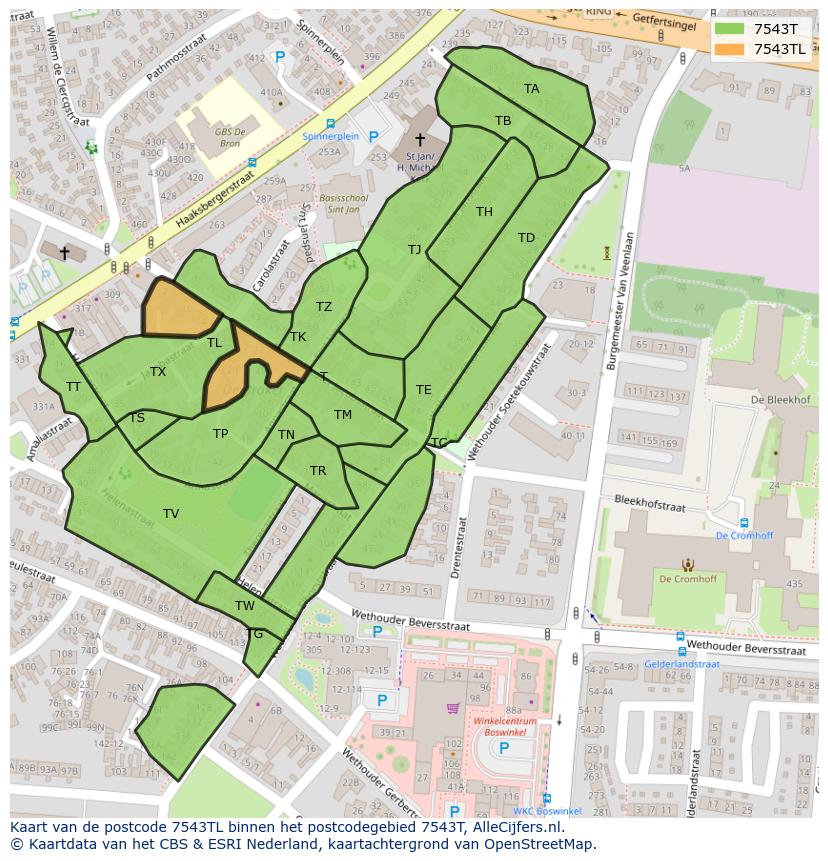 Afbeelding van het postcodegebied 7543 TL op de kaart.