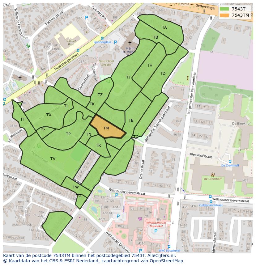 Afbeelding van het postcodegebied 7543 TM op de kaart.