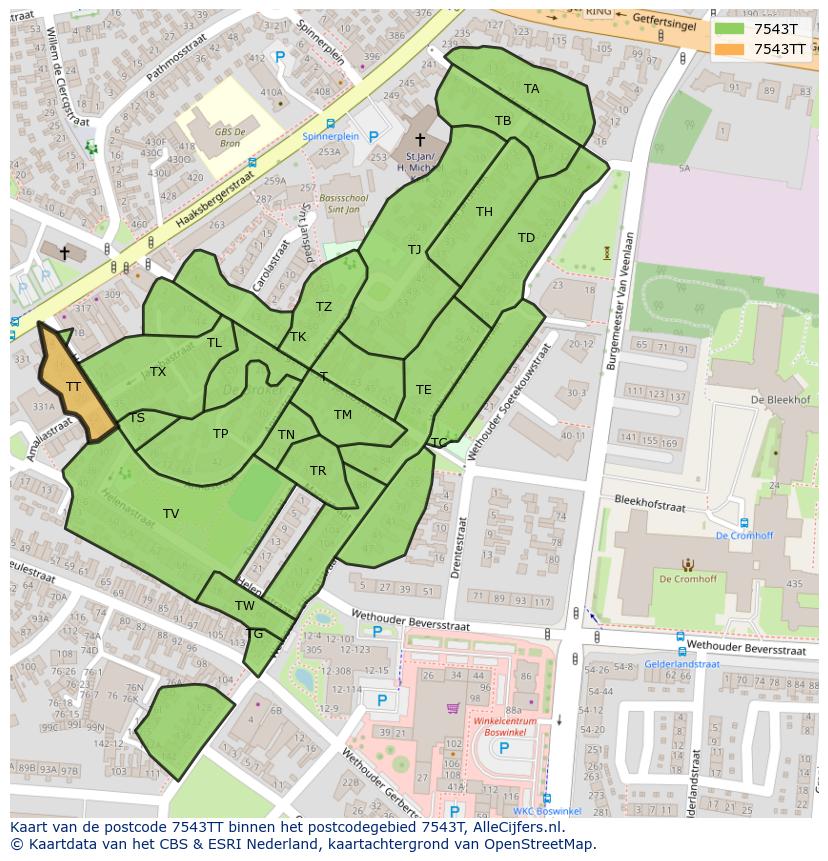 Afbeelding van het postcodegebied 7543 TT op de kaart.