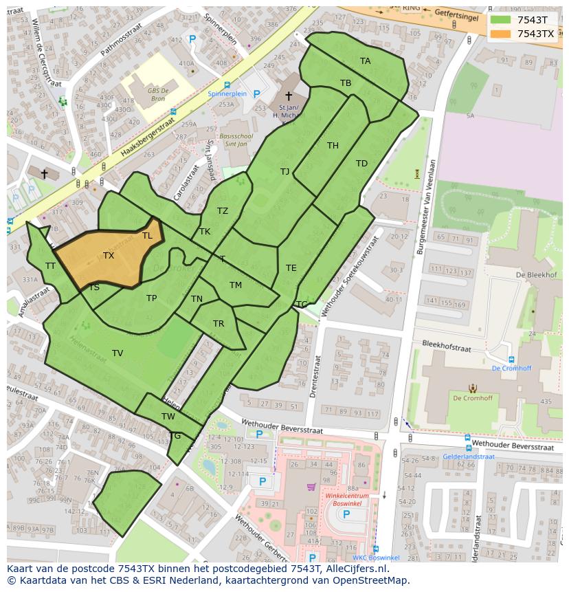Afbeelding van het postcodegebied 7543 TX op de kaart.