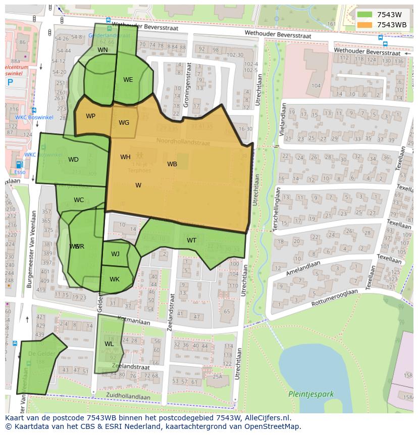 Afbeelding van het postcodegebied 7543 WB op de kaart.