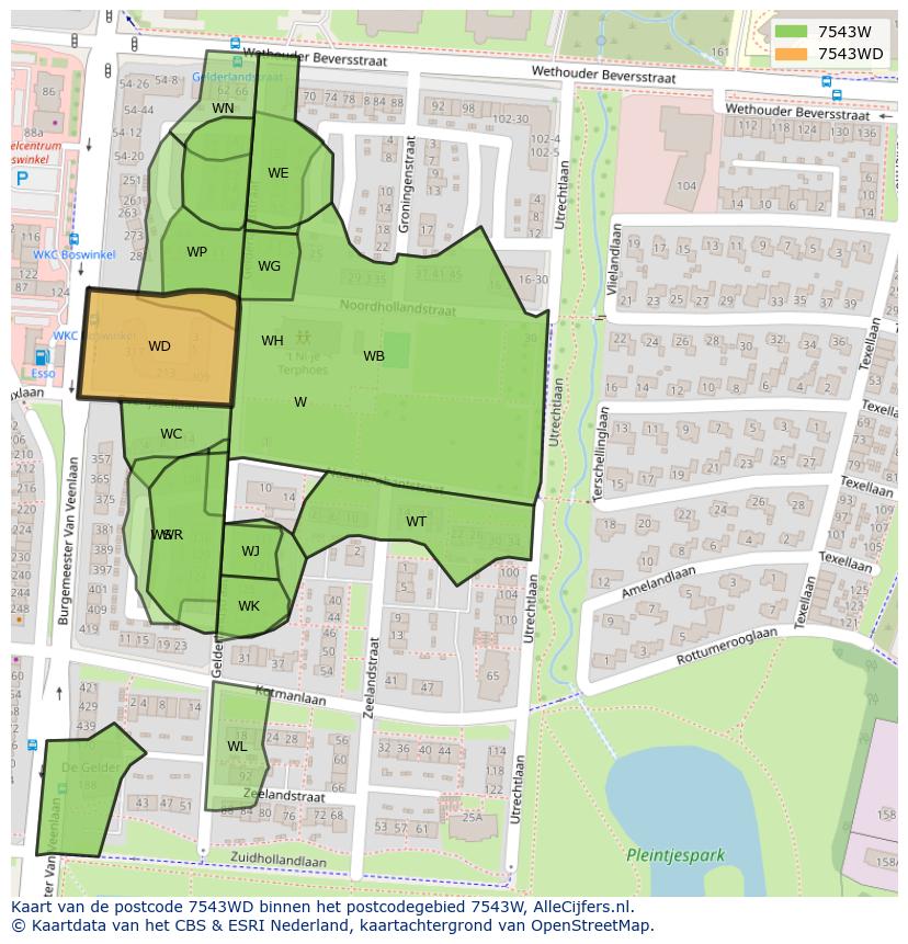 Afbeelding van het postcodegebied 7543 WD op de kaart.
