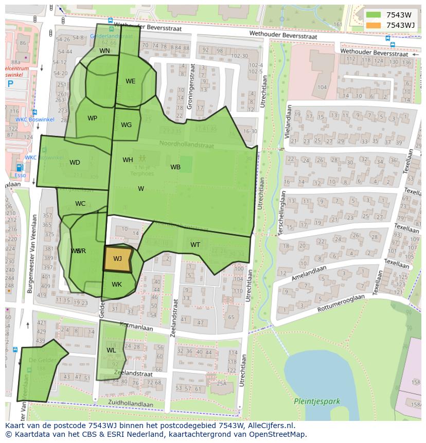 Afbeelding van het postcodegebied 7543 WJ op de kaart.