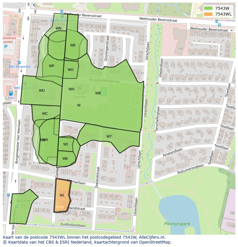 Afbeelding van het postcodegebied 7543 WL op de kaart.