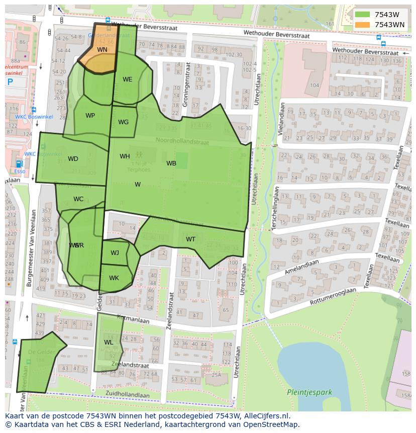 Afbeelding van het postcodegebied 7543 WN op de kaart.