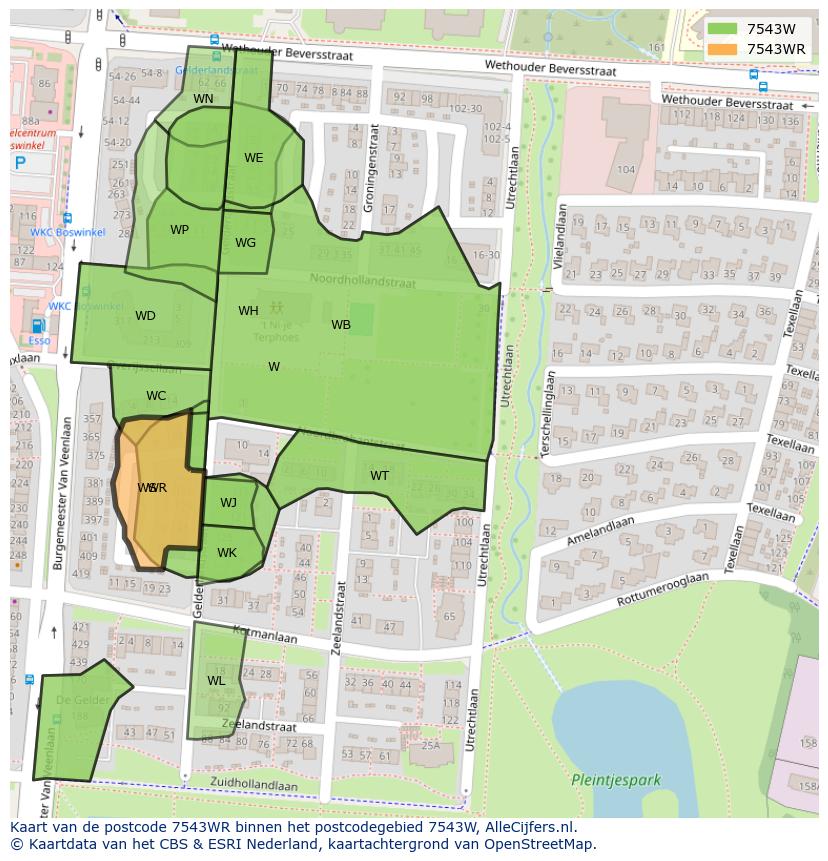 Afbeelding van het postcodegebied 7543 WR op de kaart.