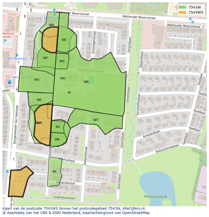 Afbeelding van het postcodegebied 7543 WS op de kaart.