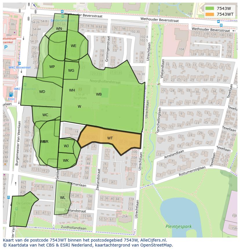 Afbeelding van het postcodegebied 7543 WT op de kaart.
