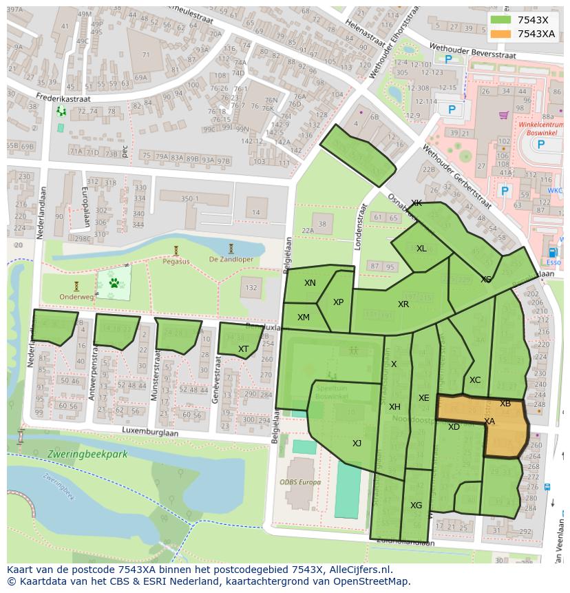 Afbeelding van het postcodegebied 7543 XA op de kaart.