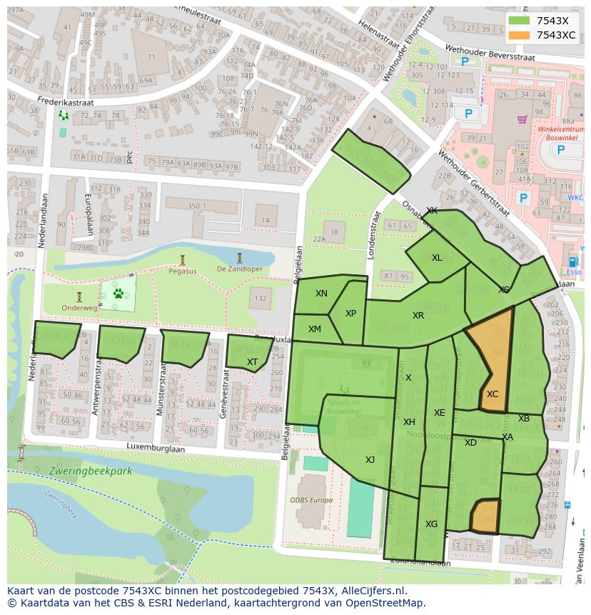 Afbeelding van het postcodegebied 7543 XC op de kaart.