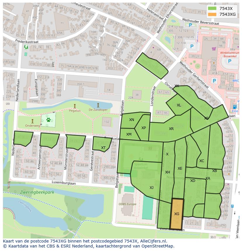 Afbeelding van het postcodegebied 7543 XG op de kaart.