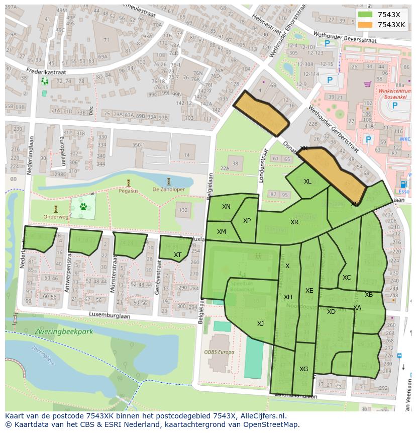 Afbeelding van het postcodegebied 7543 XK op de kaart.