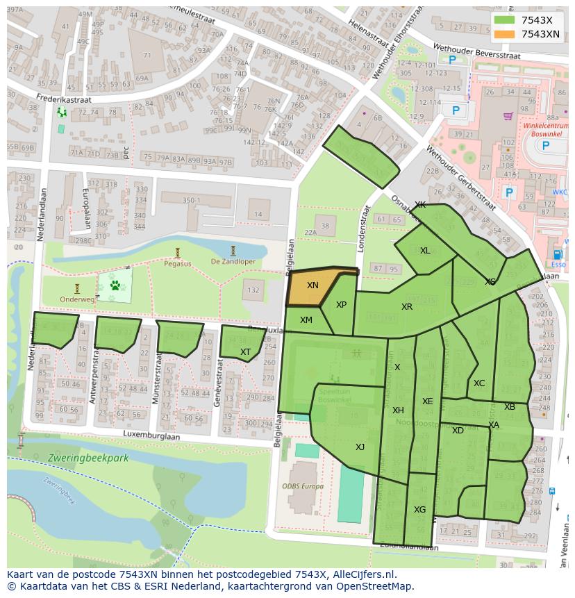 Afbeelding van het postcodegebied 7543 XN op de kaart.