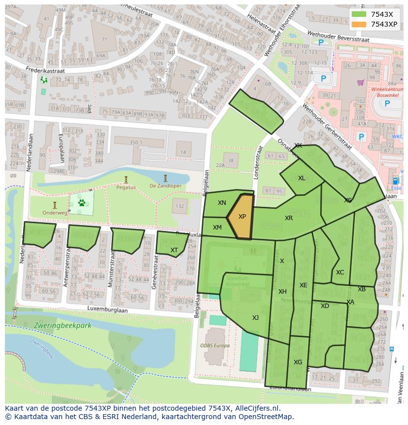 Afbeelding van het postcodegebied 7543 XP op de kaart.