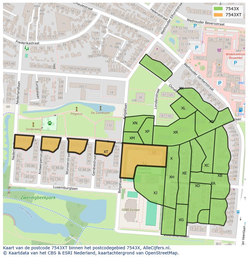 Afbeelding van het postcodegebied 7543 XT op de kaart.