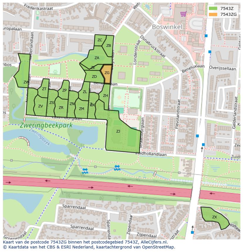 Afbeelding van het postcodegebied 7543 ZG op de kaart.