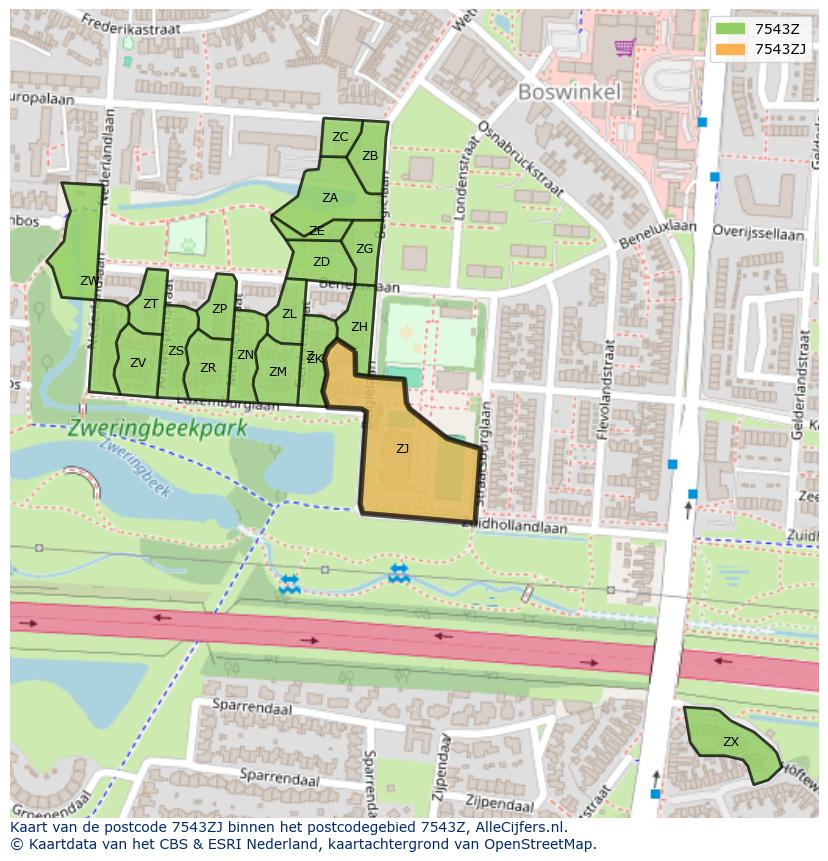 Afbeelding van het postcodegebied 7543 ZJ op de kaart.