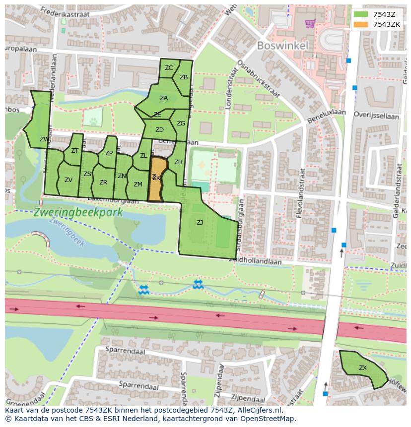 Afbeelding van het postcodegebied 7543 ZK op de kaart.