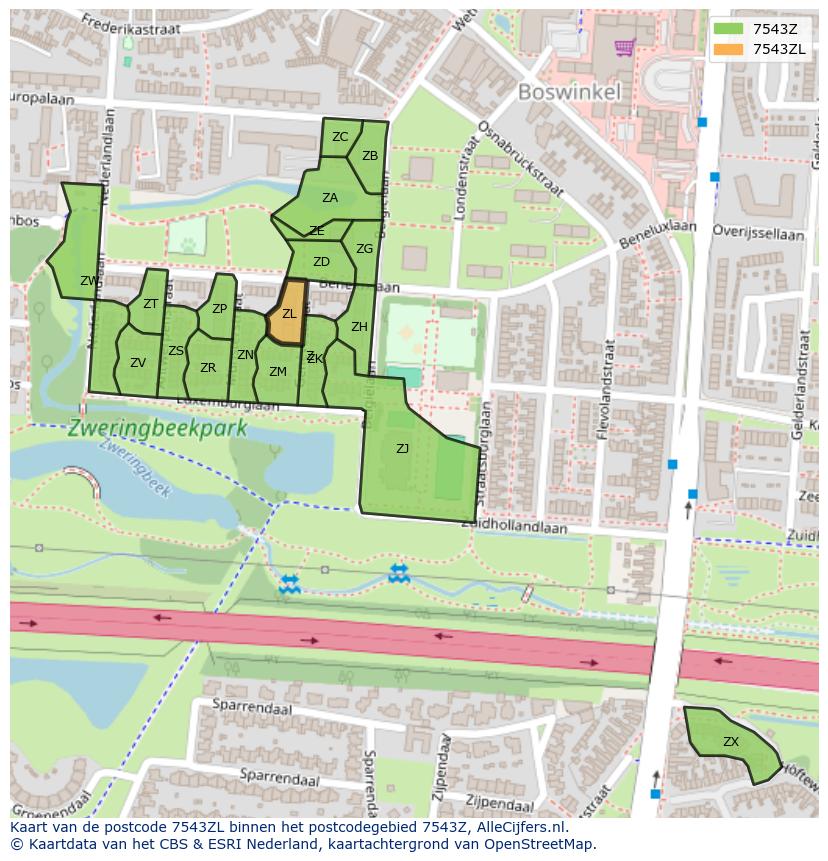 Afbeelding van het postcodegebied 7543 ZL op de kaart.
