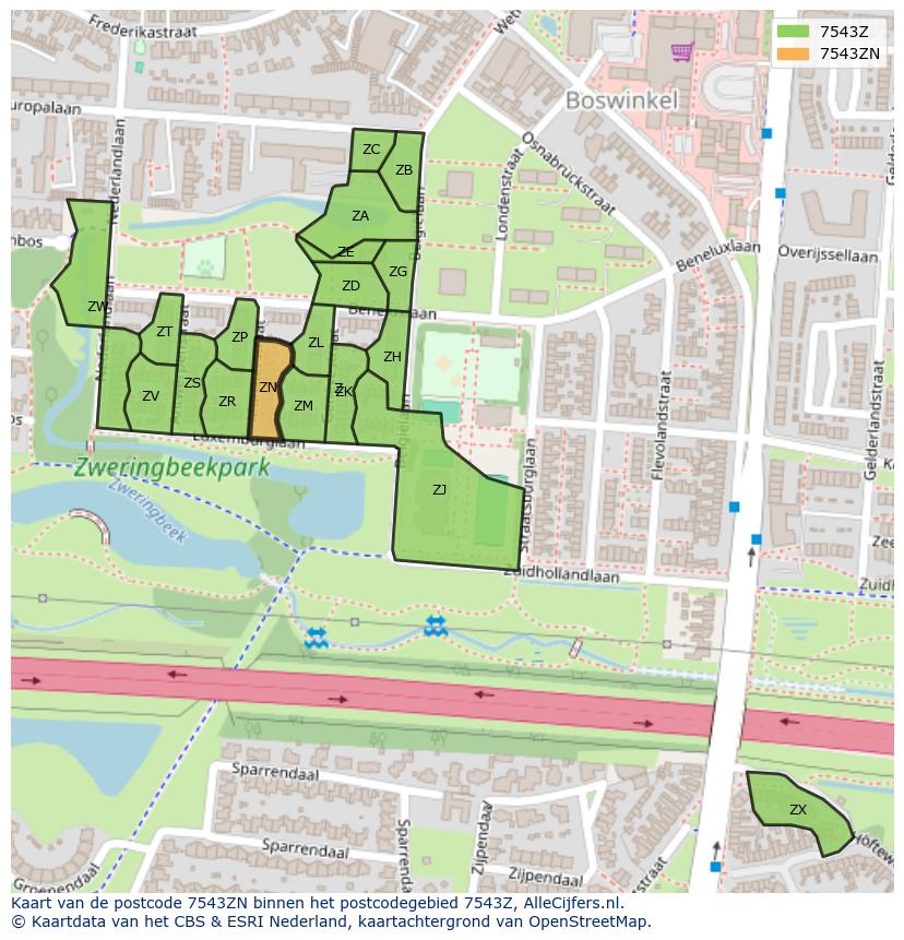Afbeelding van het postcodegebied 7543 ZN op de kaart.