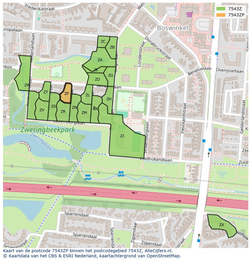 Afbeelding van het postcodegebied 7543 ZP op de kaart.