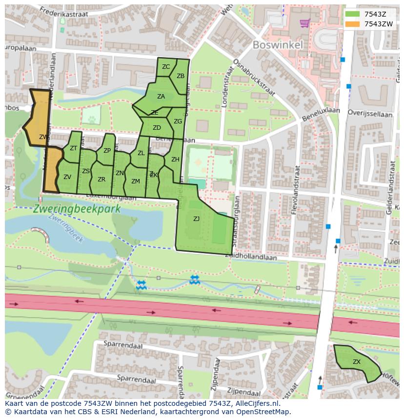 Afbeelding van het postcodegebied 7543 ZW op de kaart.