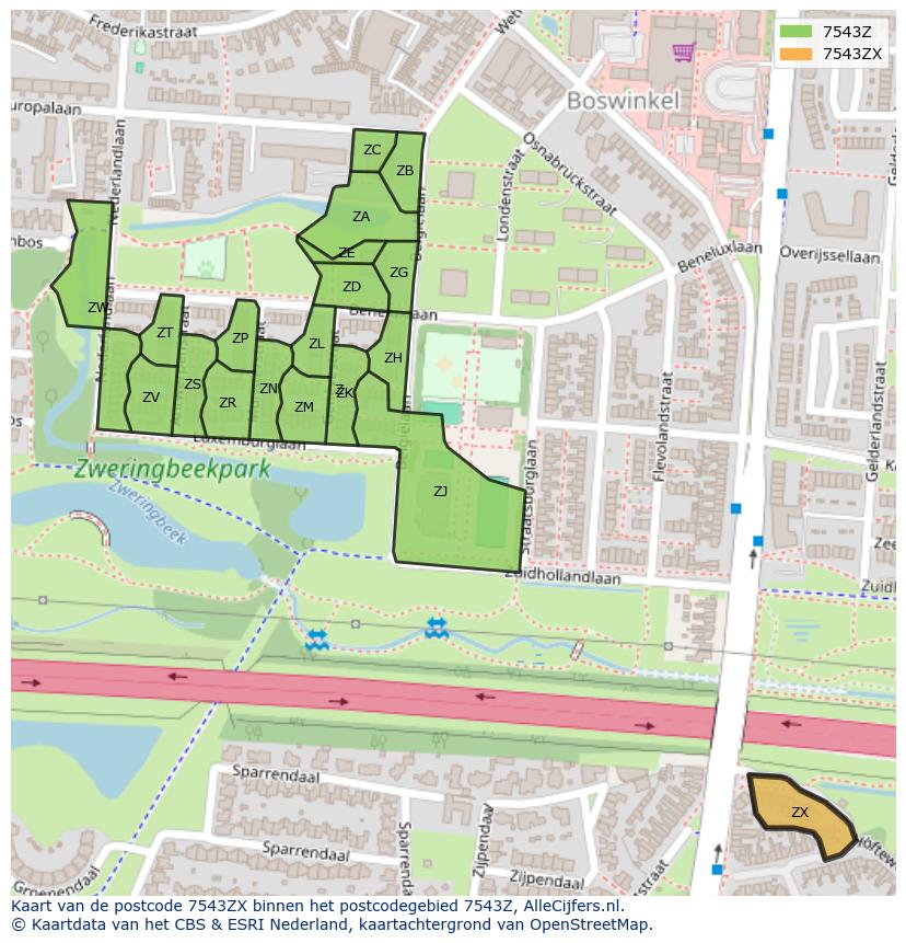 Afbeelding van het postcodegebied 7543 ZX op de kaart.