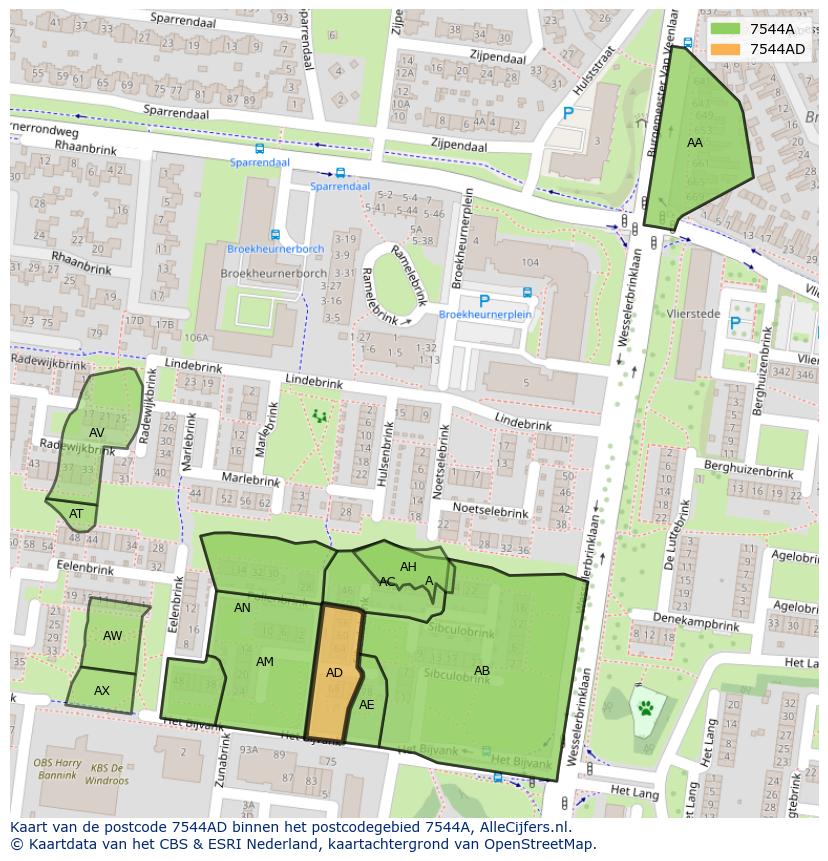 Afbeelding van het postcodegebied 7544 AD op de kaart.