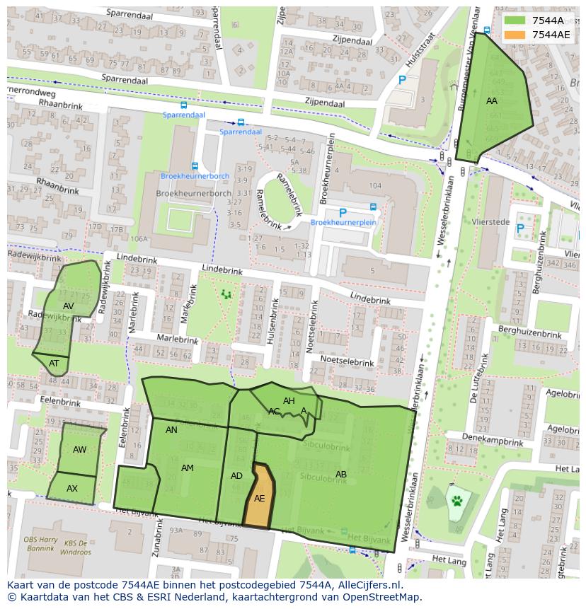Afbeelding van het postcodegebied 7544 AE op de kaart.