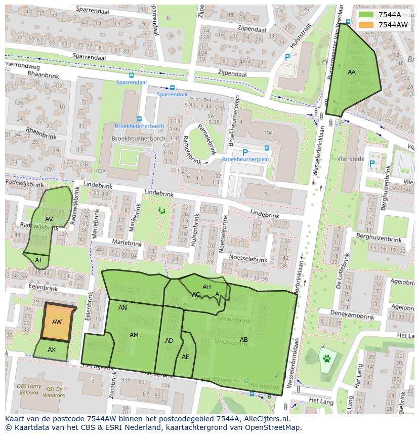 Afbeelding van het postcodegebied 7544 AW op de kaart.