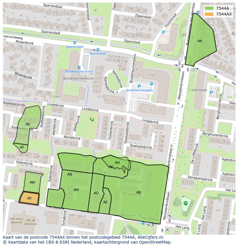 Afbeelding van het postcodegebied 7544 AX op de kaart.