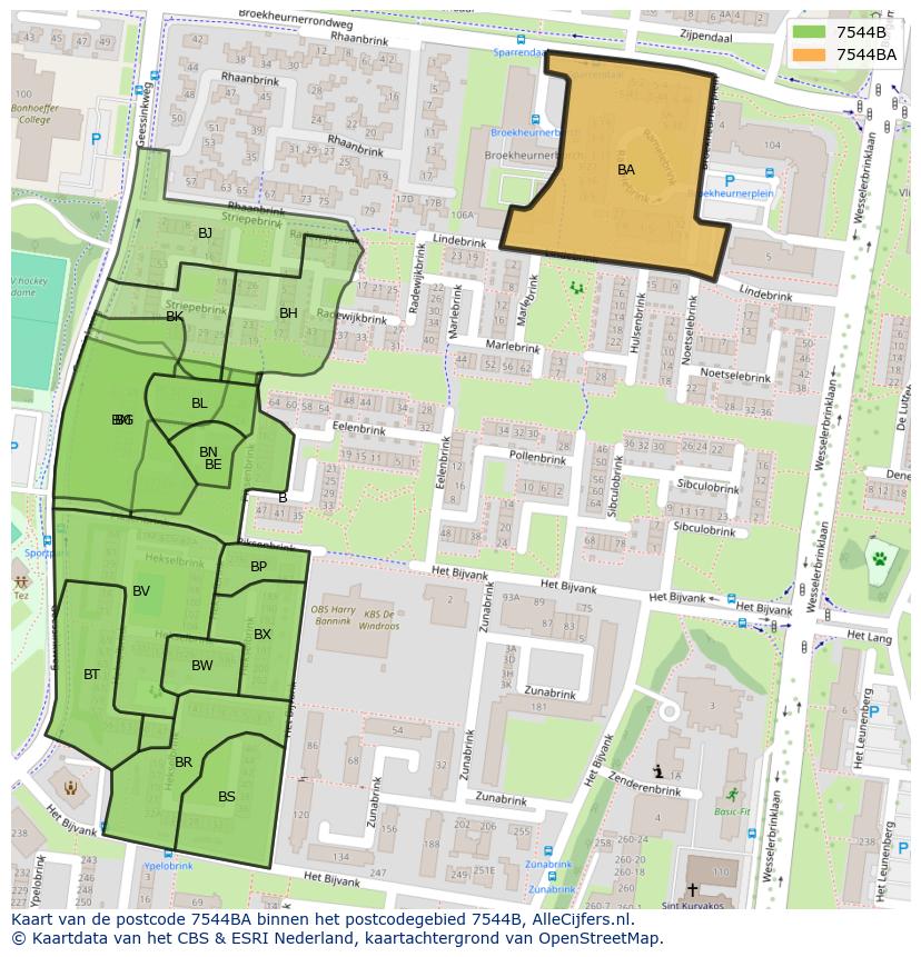 Afbeelding van het postcodegebied 7544 BA op de kaart.