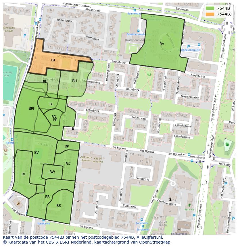 Afbeelding van het postcodegebied 7544 BJ op de kaart.