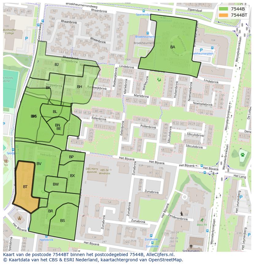Afbeelding van het postcodegebied 7544 BT op de kaart.
