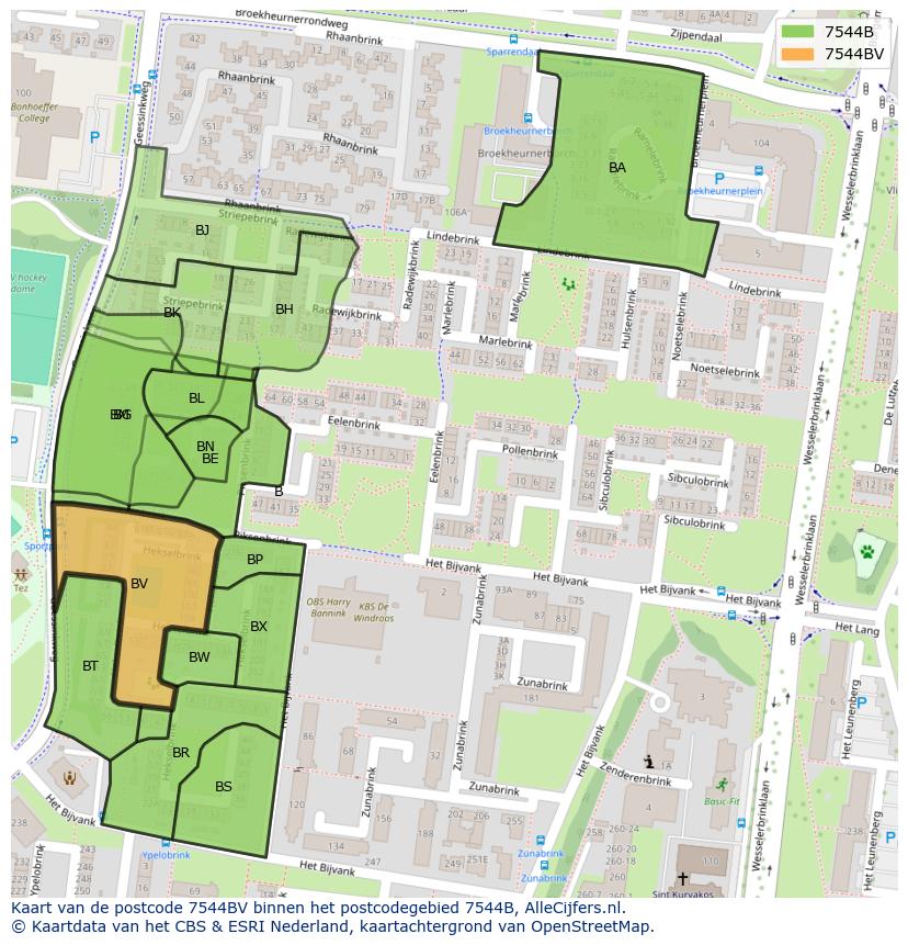 Afbeelding van het postcodegebied 7544 BV op de kaart.