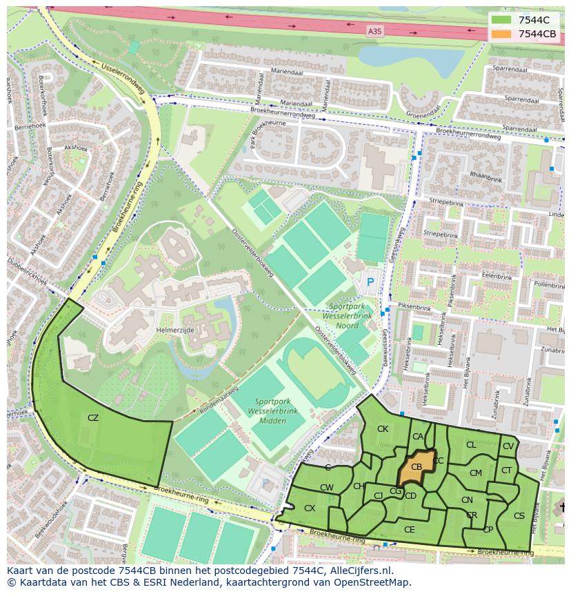 Afbeelding van het postcodegebied 7544 CB op de kaart.