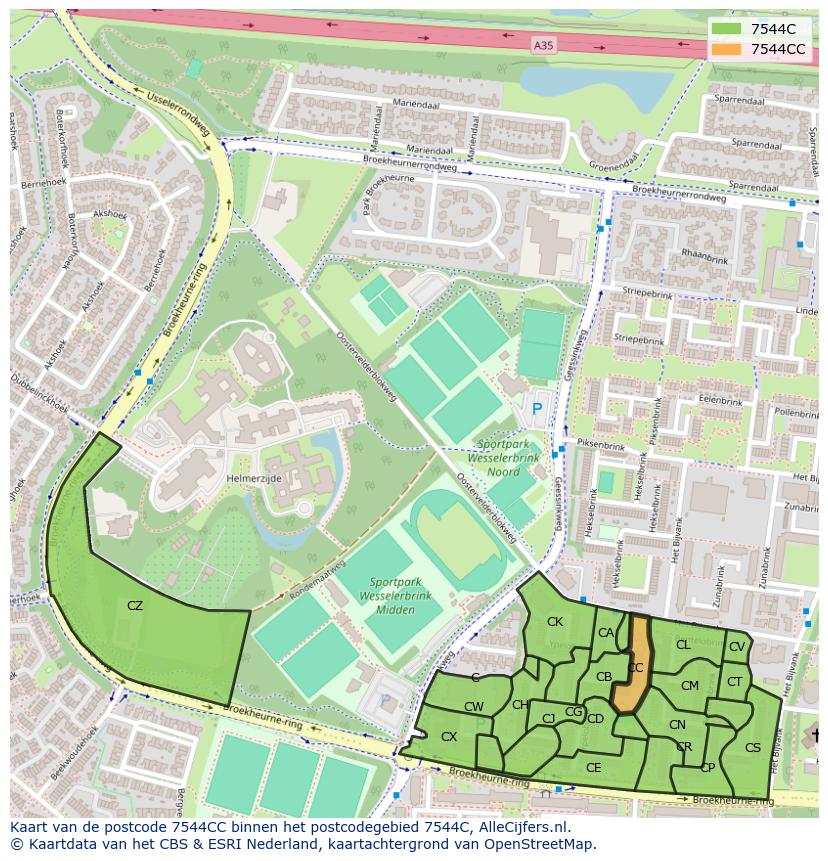 Afbeelding van het postcodegebied 7544 CC op de kaart.