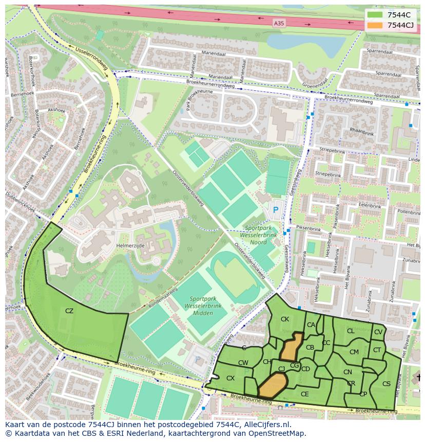 Afbeelding van het postcodegebied 7544 CJ op de kaart.
