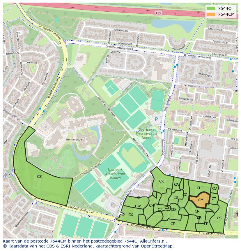 Afbeelding van het postcodegebied 7544 CM op de kaart.