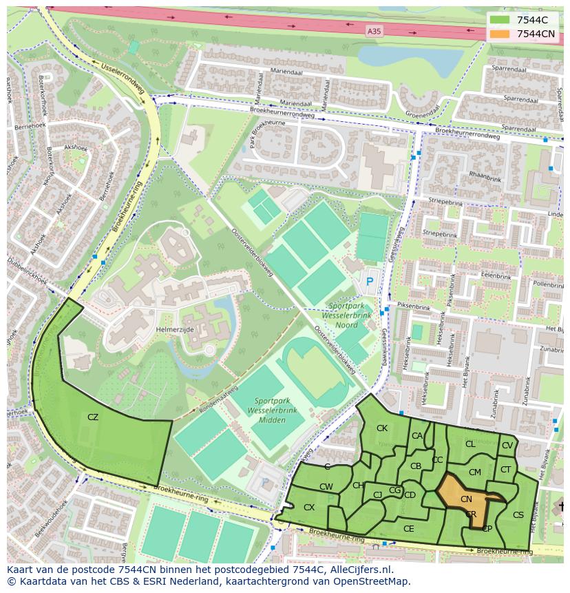 Afbeelding van het postcodegebied 7544 CN op de kaart.