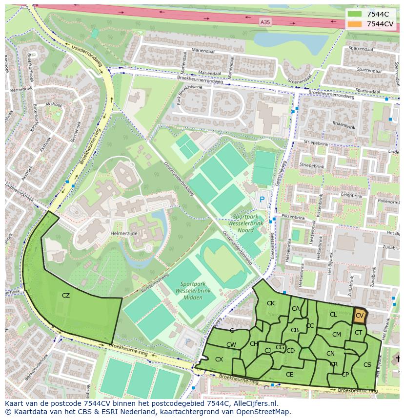 Afbeelding van het postcodegebied 7544 CV op de kaart.