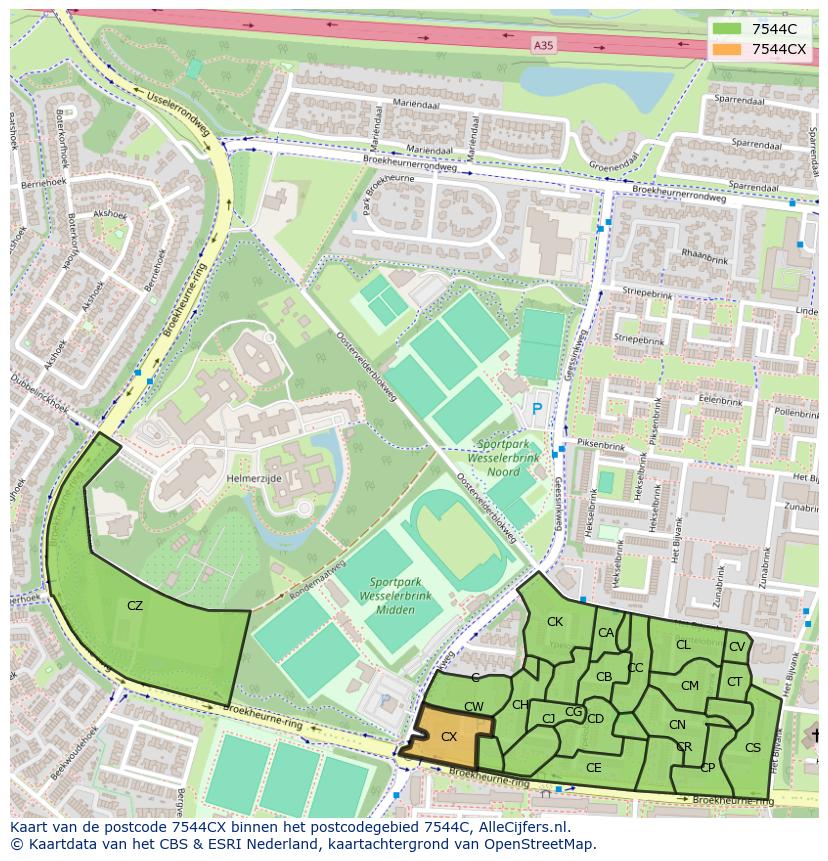 Afbeelding van het postcodegebied 7544 CX op de kaart.