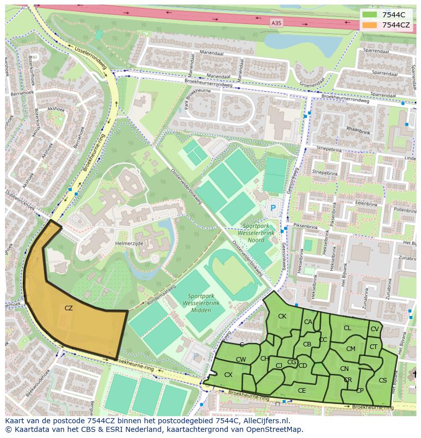 Afbeelding van het postcodegebied 7544 CZ op de kaart.