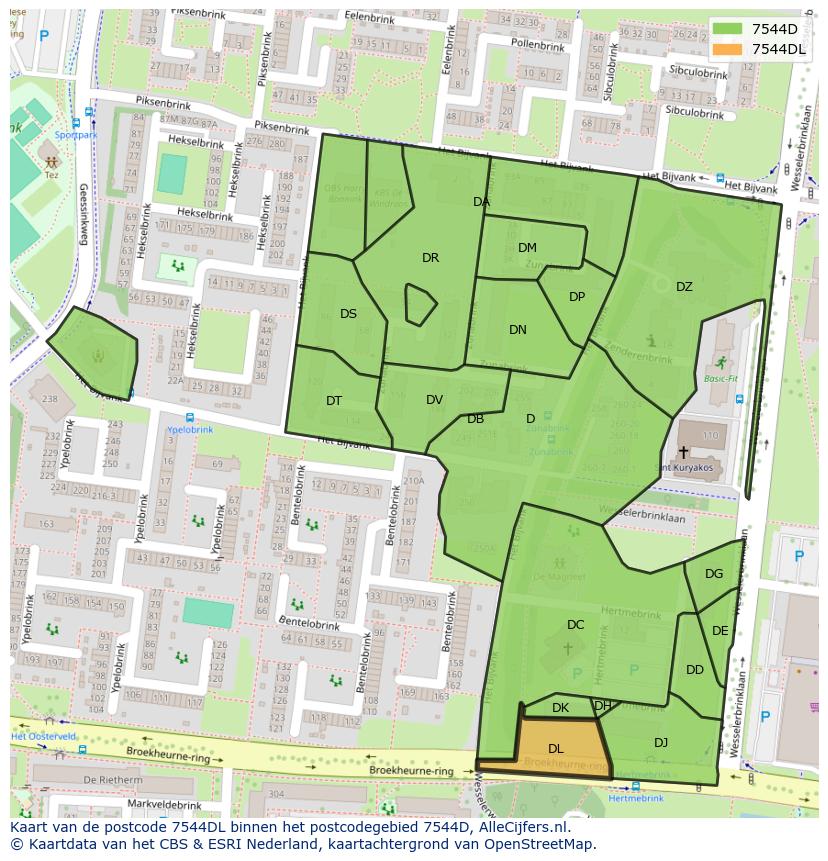 Afbeelding van het postcodegebied 7544 DL op de kaart.